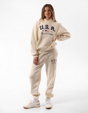 Dámské Mikina s Kapucí Russell Athletic 1902 Oversized Béžový | MRZ-241376