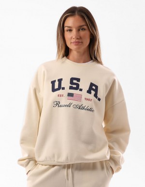 Dámské Svetr S Výstřihem Do Posádky Russell Athletic 1902 Oversized Béžový | XQB-582743