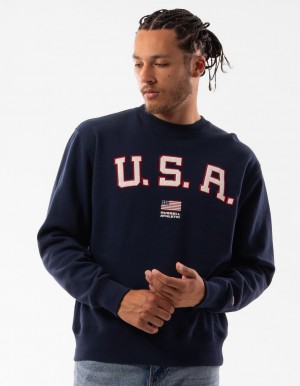 Pánské Svetr S Výstřihem Do Posádky Russell Athletic Lewis Tmavě Blankyt | RXY-643985