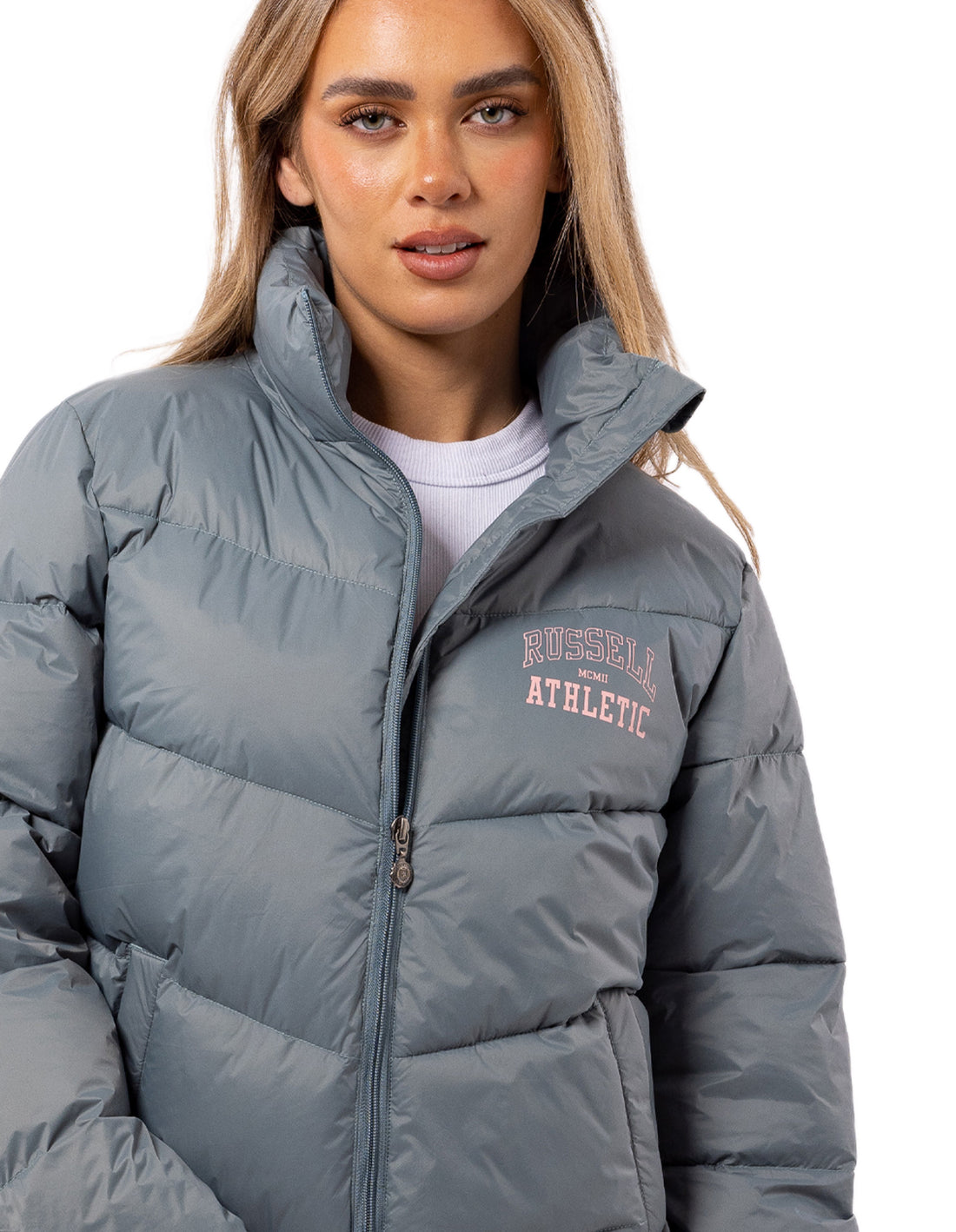 Dámské Puffer Bunda Russell Athletic Arch Logo Indigo | DIF-145027