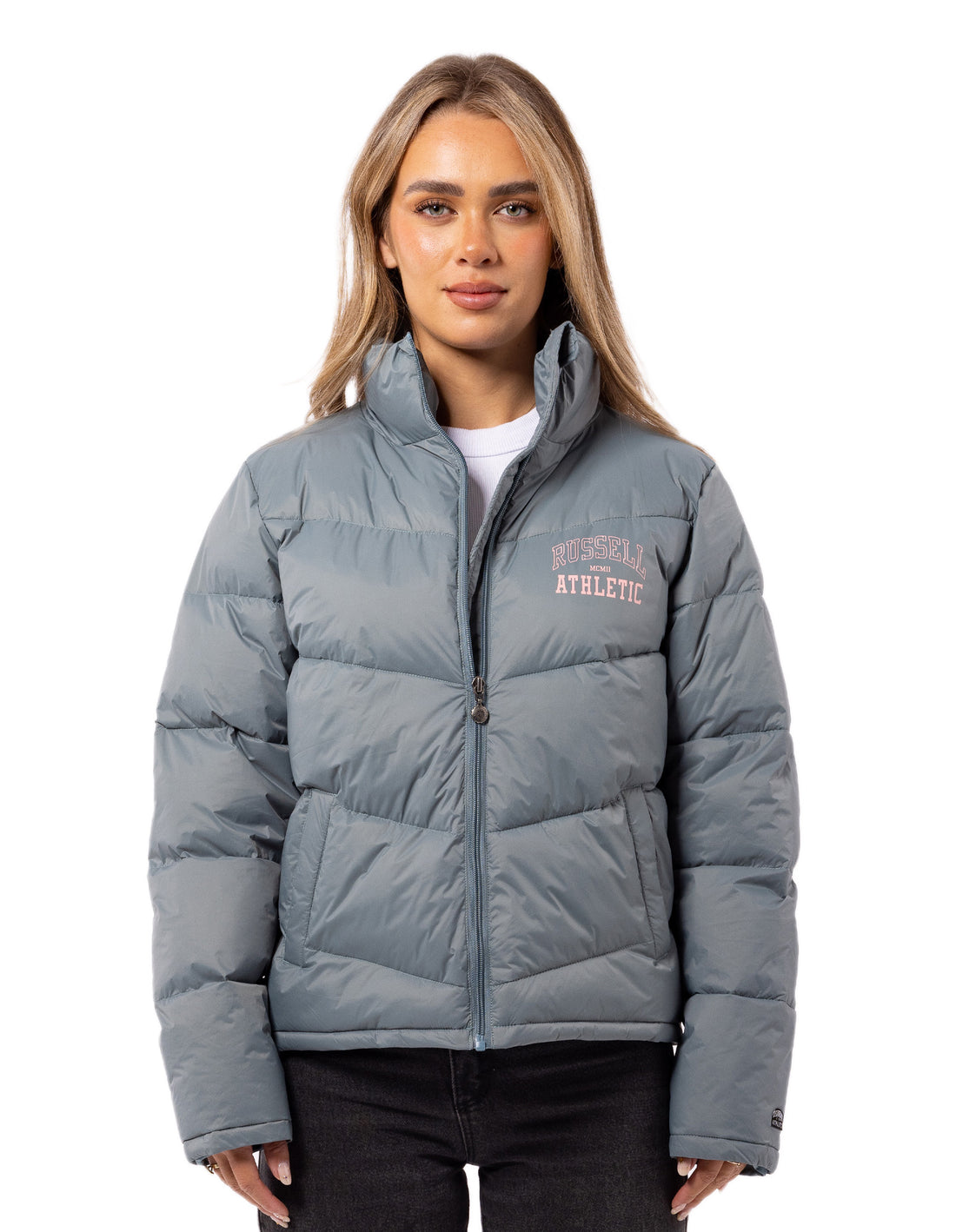 Dámské Puffer Bunda Russell Athletic Arch Logo Indigo | DIF-145027