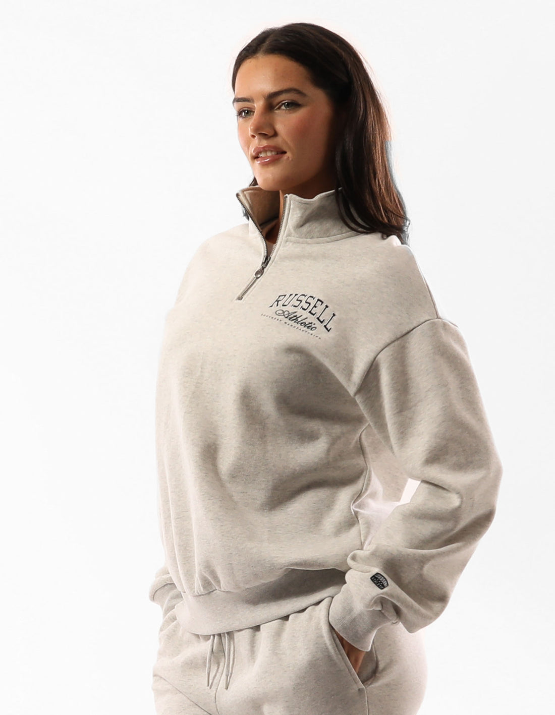 Dámské Svetr S Výstřihem Do Posádky Russell Athletic Tribecca Oversized 1/4 Zip Béžový | DZV-970481