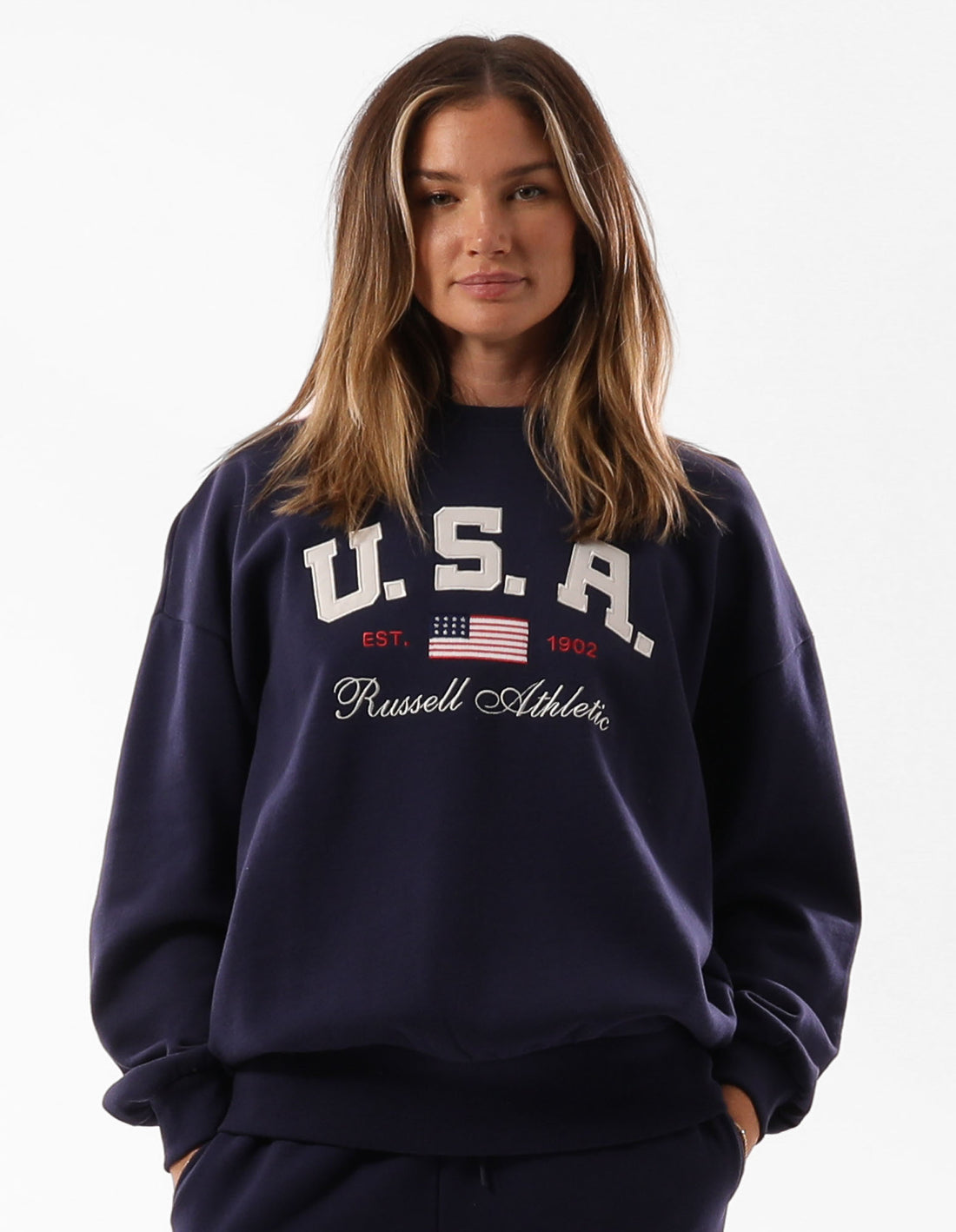 Dámské Svetr S Výstřihem Do Posádky Russell Athletic 1902 Oversized Blankyt | YJI-520314