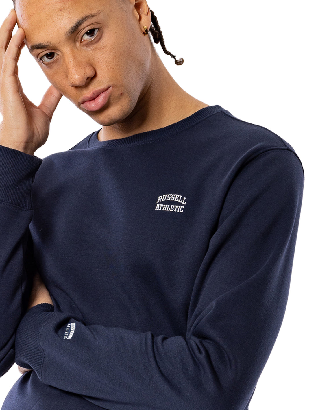 Pánské Svetr S Výstřihem Do Posádky Russell Athletic Originals Small Arch Tmavě Blankyt | DEC-623574