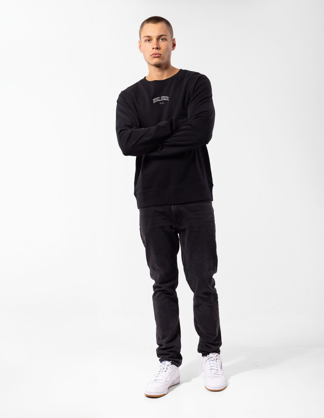 Pánské Svetr S Výstřihem Do Posádky Russell Athletic Originals Big Arch Unbrushed Černé | JVS-973621