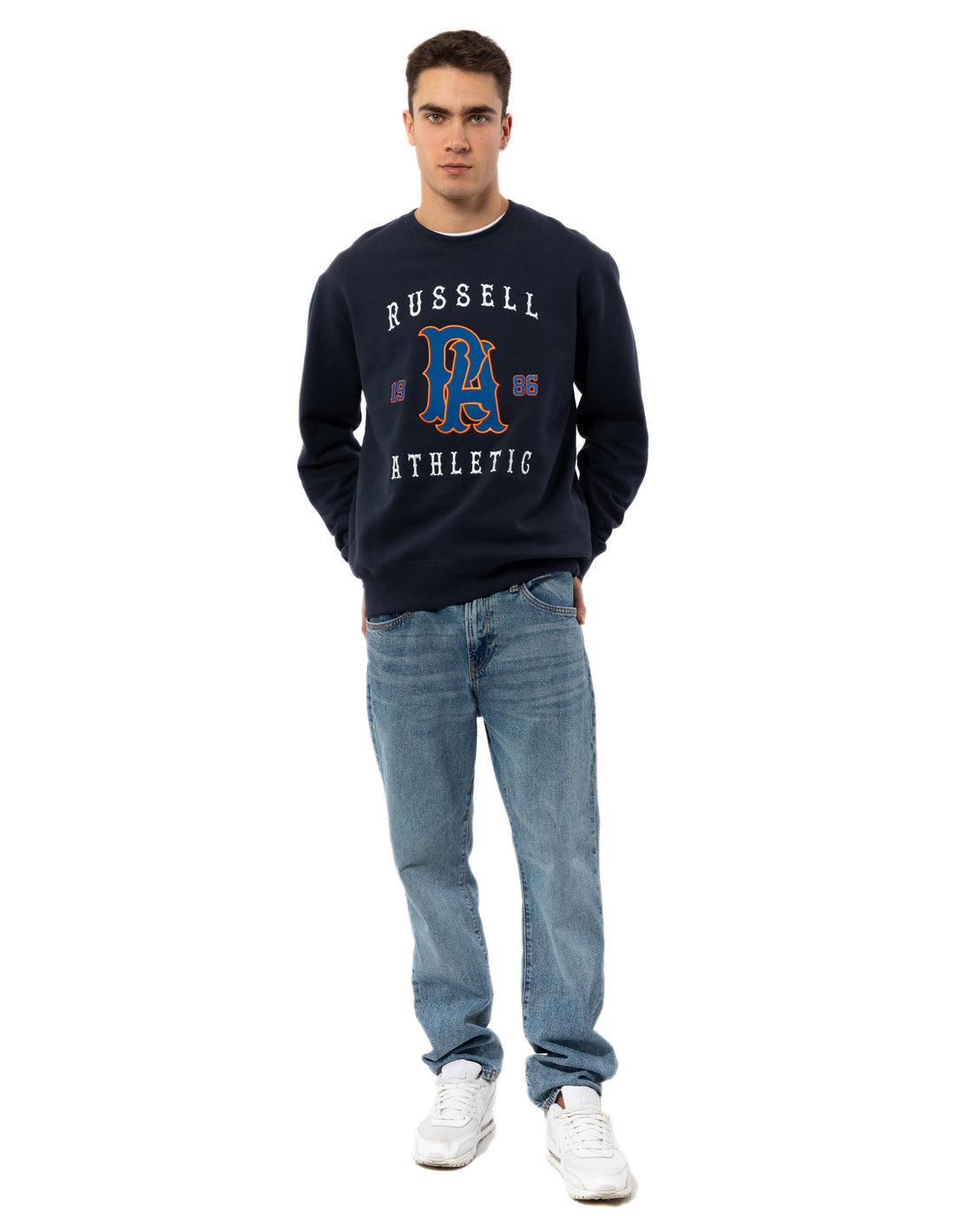 Pánské Svetr S Výstřihem Do Posádky Russell Athletic Midfielder Tmavě Blankyt | DTL-695184
