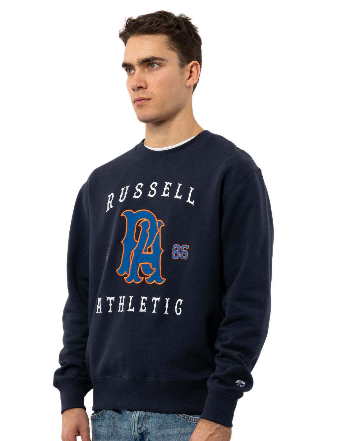 Pánské Svetr S Výstřihem Do Posádky Russell Athletic Midfielder Tmavě Blankyt | DTL-695184