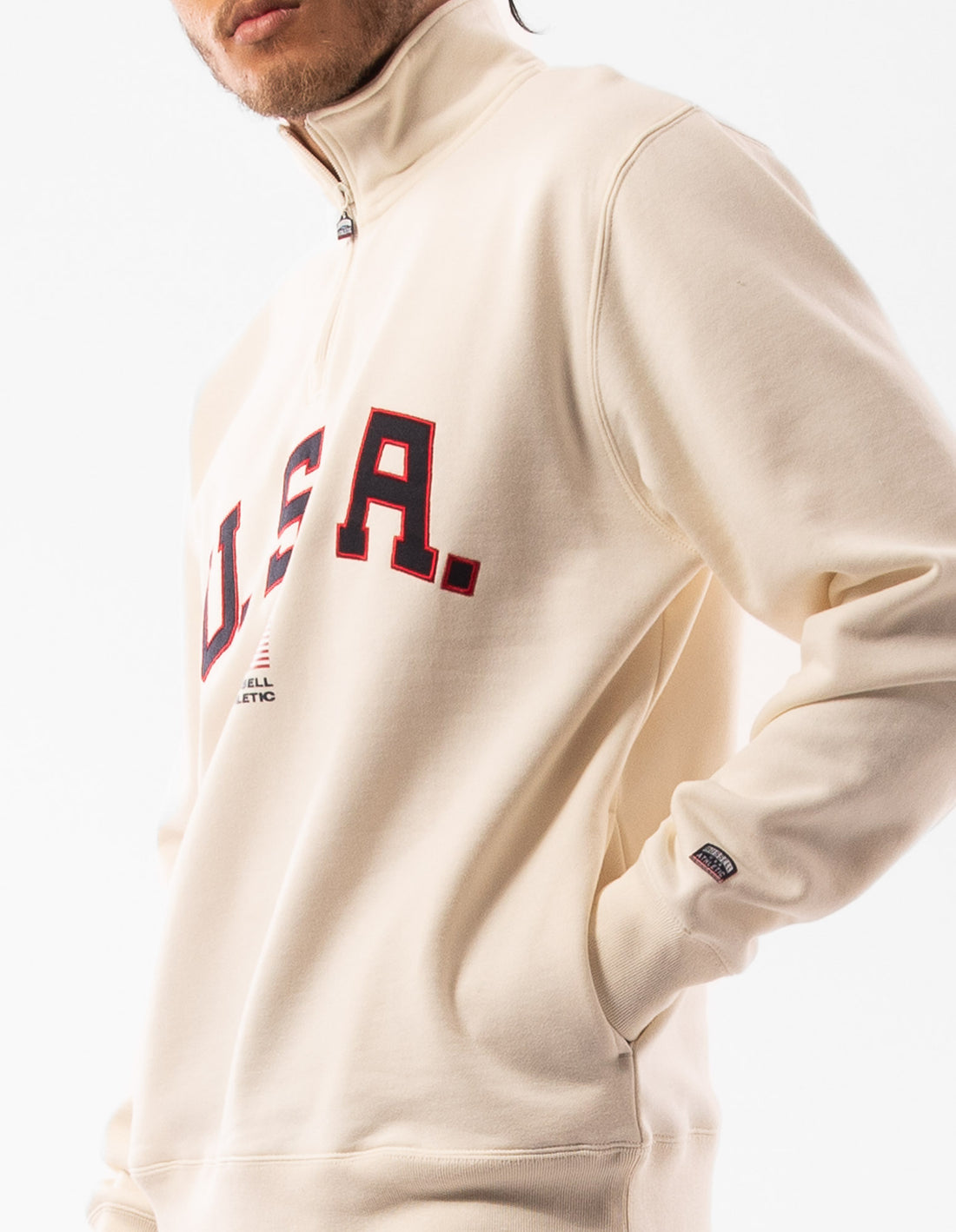 Pánské Svetr S Výstřihem Do Posádky Russell Athletic Lewis 1/4 Zip Béžový | EMO-127945