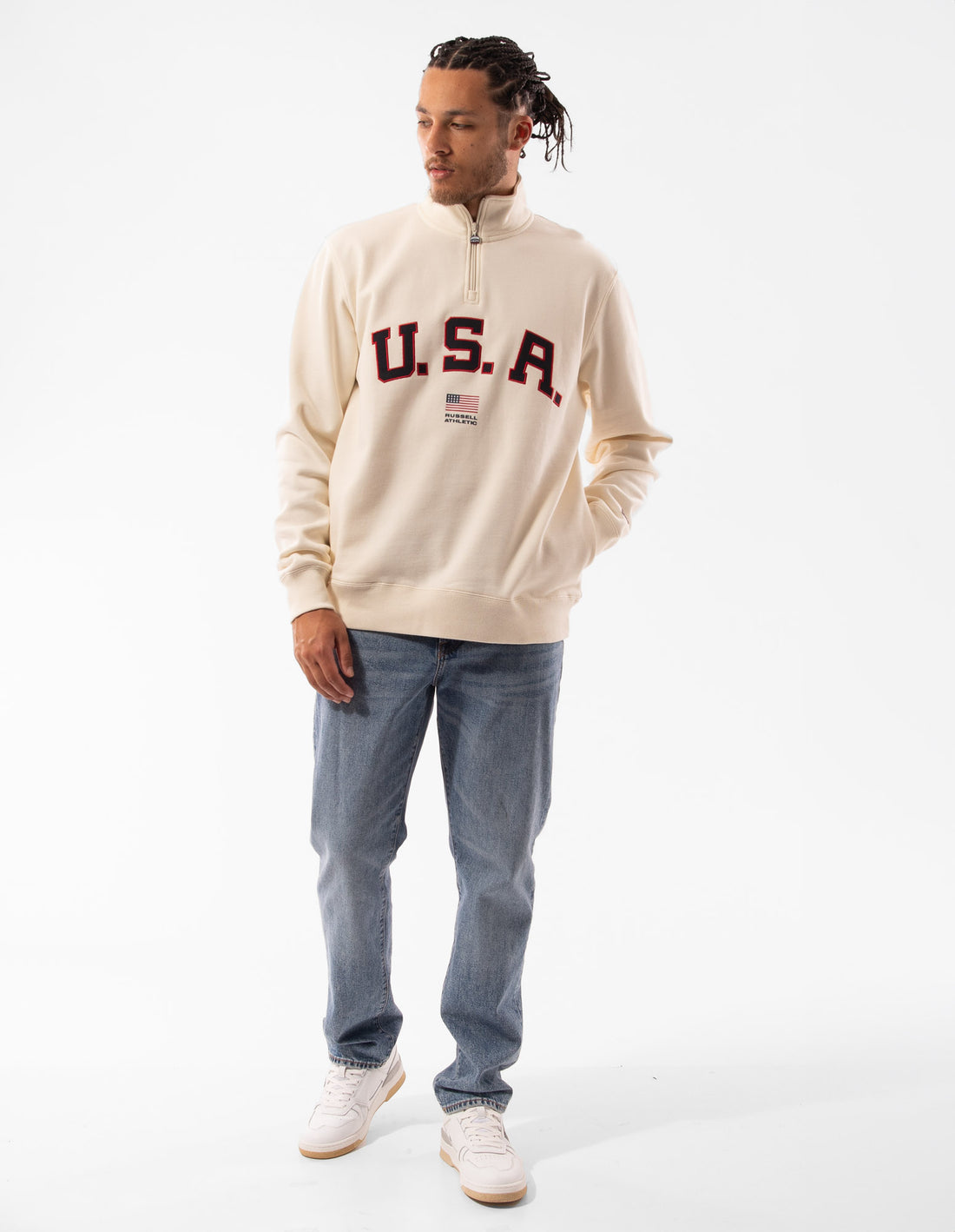 Pánské Svetr S Výstřihem Do Posádky Russell Athletic Lewis 1/4 Zip Béžový | EMO-127945