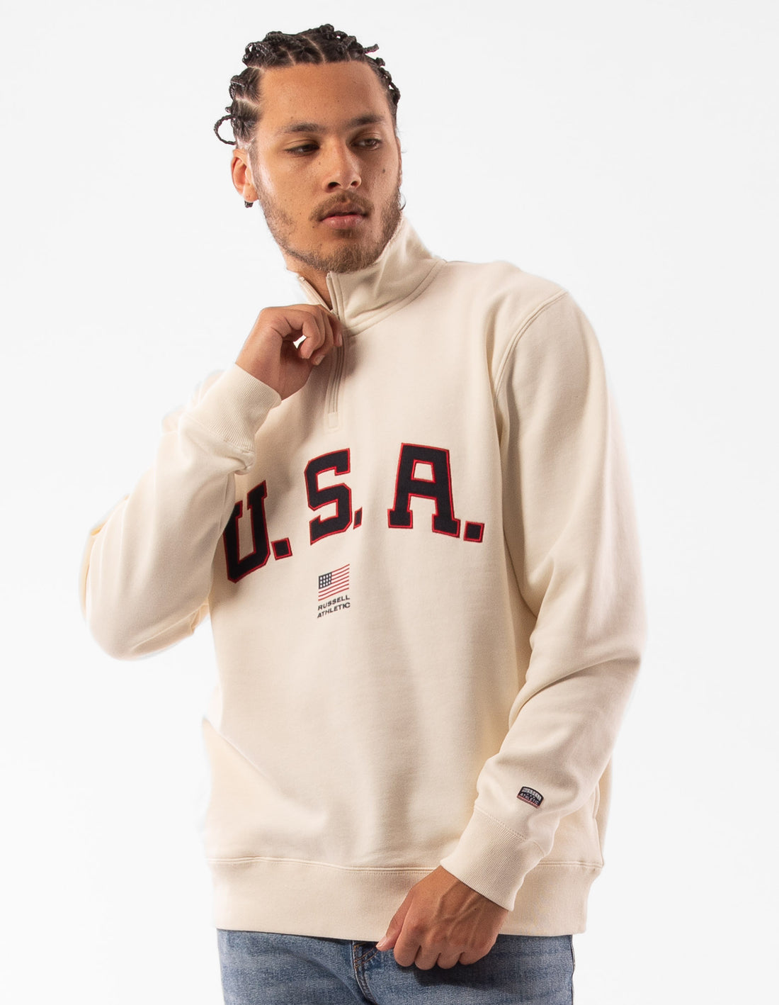 Pánské Svetr S Výstřihem Do Posádky Russell Athletic Lewis 1/4 Zip Béžový | EMO-127945
