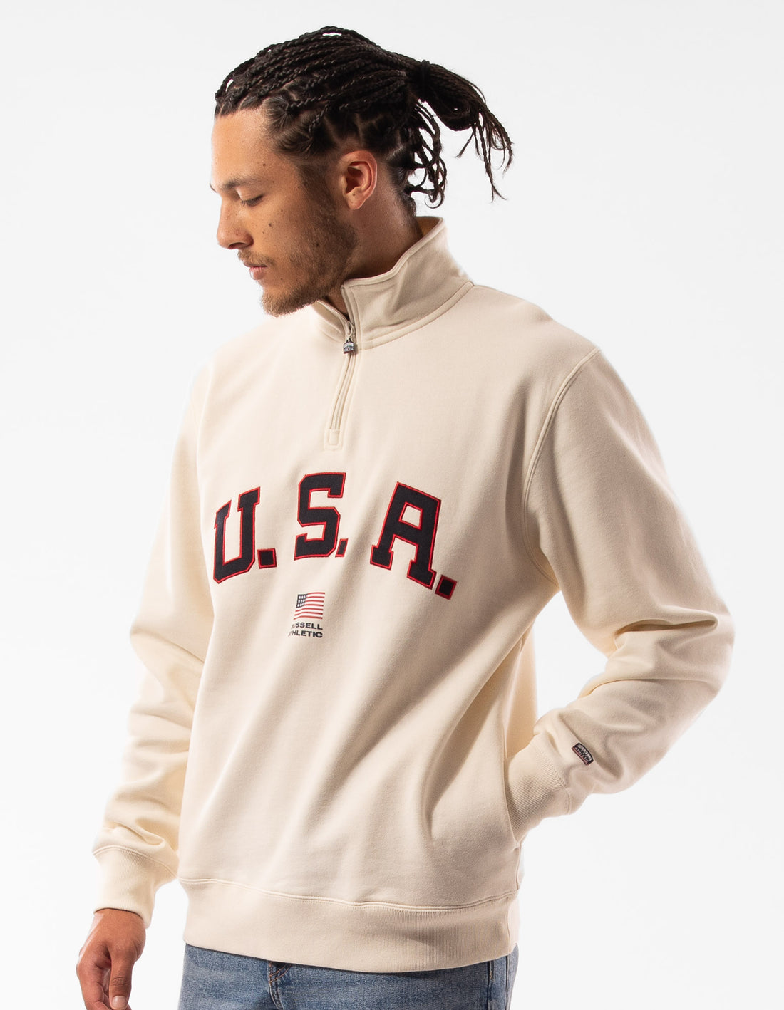 Pánské Svetr S Výstřihem Do Posádky Russell Athletic Lewis 1/4 Zip Béžový | EMO-127945