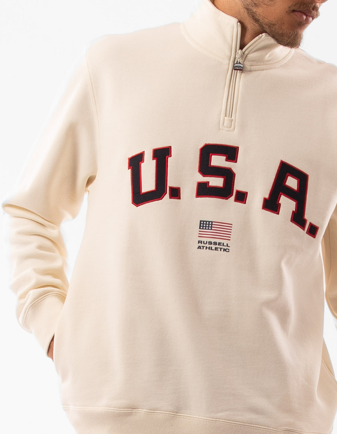 Pánské Svetr S Výstřihem Do Posádky Russell Athletic Lewis 1/4 Zip Béžový | EMO-127945