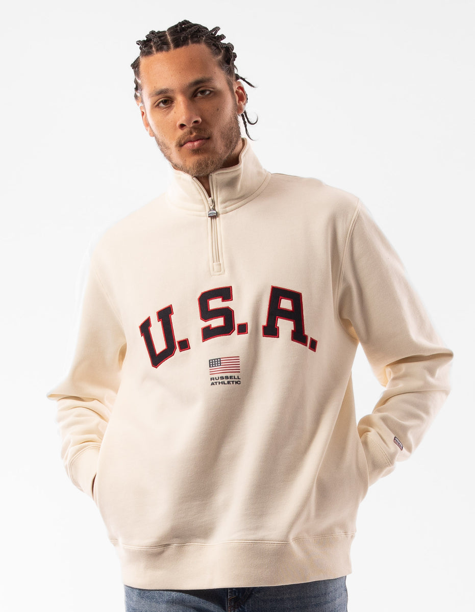 Pánské Svetr S Výstřihem Do Posádky Russell Athletic Lewis 1/4 Zip Béžový | EMO-127945