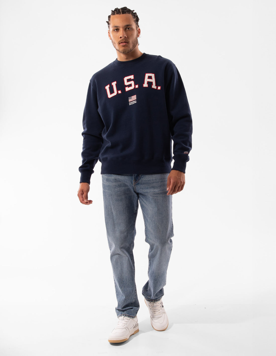 Pánské Svetr S Výstřihem Do Posádky Russell Athletic Lewis Tmavě Blankyt | RXY-643985