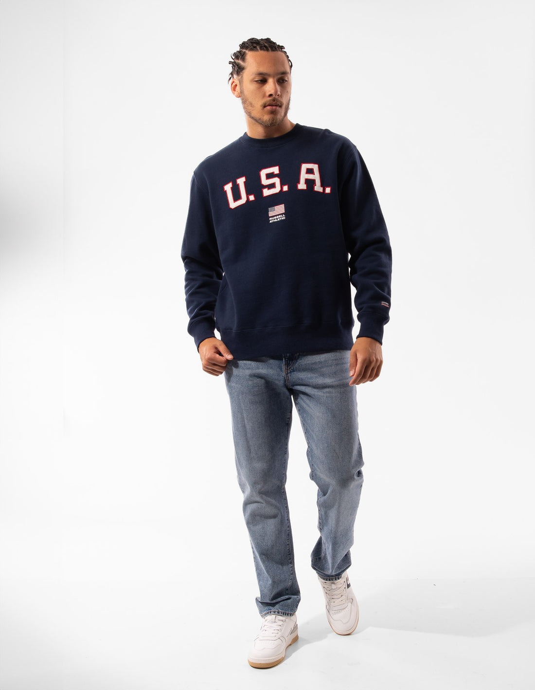 Pánské Svetr S Výstřihem Do Posádky Russell Athletic Lewis Tmavě Blankyt | RXY-643985