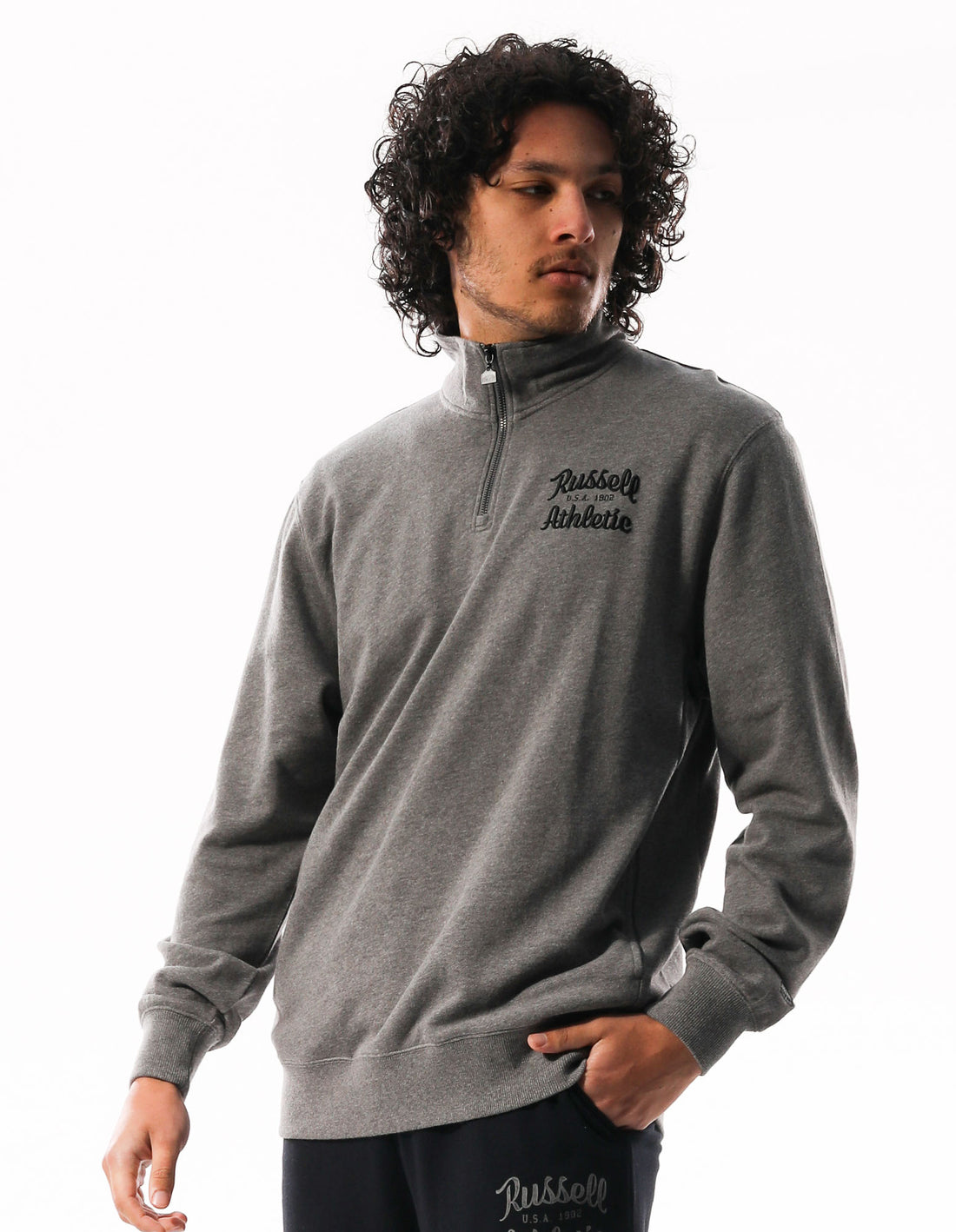 Pánské Top Russell Athletic Baseball Script 1/4 Zip Tmavě Šedé | XRC-578120
