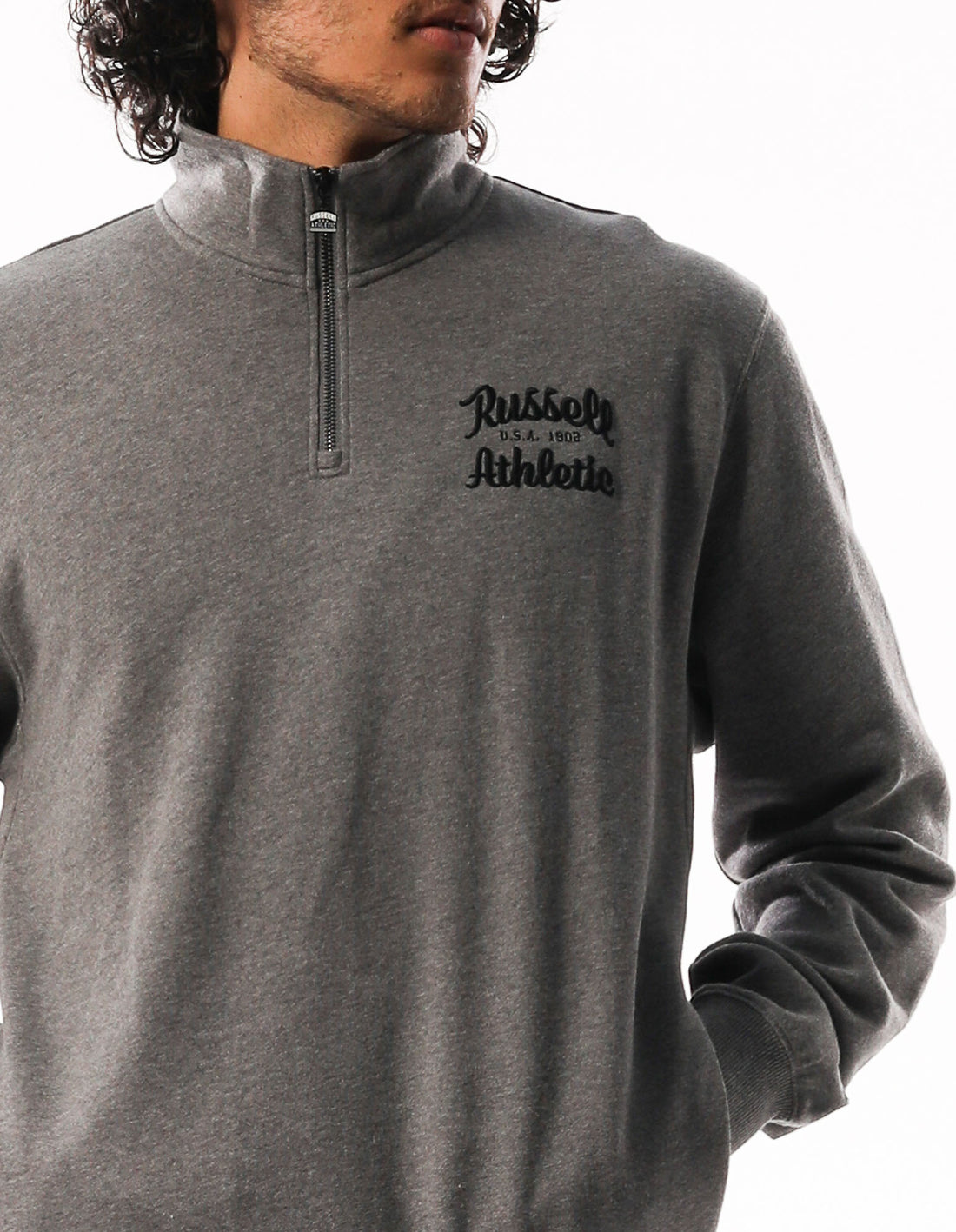 Pánské Top Russell Athletic Baseball Script 1/4 Zip Tmavě Šedé | XRC-578120